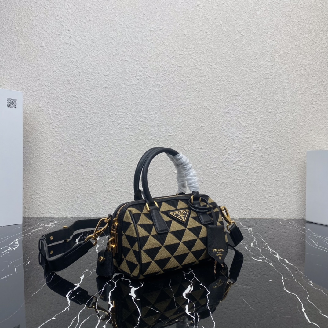 Prada Symbole Embroidered Fabric Top Handle Shoulder Bag Black/Beige 1BB846